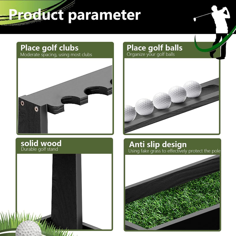 Wooden Golf Club Holder Stand - Organizer for 8 Clubs & 11 Balls Storage