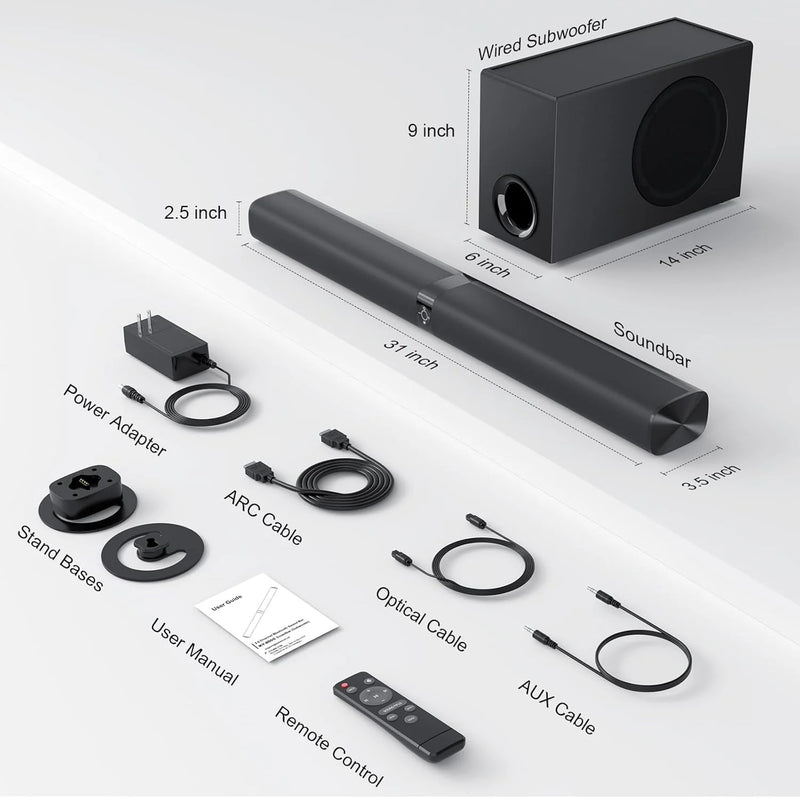 Sound Bar for Smart TV, 110W Sound Bar with Subwoofer, Bluetooth Soundbar for TV with Deep Bass & Volume Boost & 3 Equalizer Modes, Arc/Opt/Aux, 2 in 1 Detachable TV Sound Bar, Black