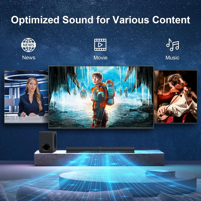 Sound Bar for Smart TV, 110W Sound Bar with Subwoofer, Bluetooth Soundbar for TV with Deep Bass & Volume Boost & 3 Equalizer Modes, Arc/Opt/Aux, 2 in 1 Detachable TV Sound Bar, Black