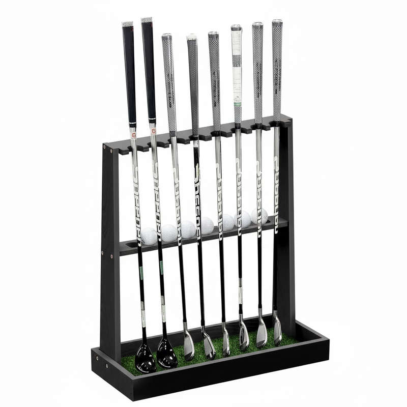 Wooden Golf Club Holder Stand - Organizer for 8 Clubs & 11 Balls Storage